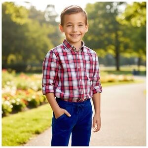 The Childrens Place Plaid Button-Down Shirt. Red, Pink, Blue, Gray. 10/12​​​